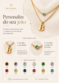 Colar Duplo Personalizado com sua Inicial e Pedra de Aniversário - Folheado a Ouro - Frete Grátis