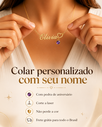 Colar Personalizado + Pedra de Aniversário - Folheado a Ouro - Corte a Laser - Não Escurece - Frete Grátis