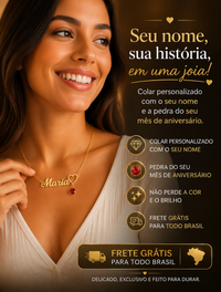 Colar Personalizado + Pedra de Aniversário - Folheado a Ouro - Corte a Laser - Não Escurece - Frete Grátis