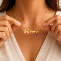 Colar Personalizado + Pedra de Aniversário - Folheado a Ouro - Corte a Laser - Não Escurece - Frete Grátis